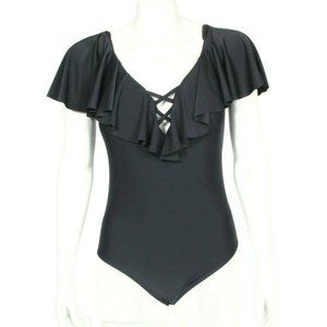 NEW OCEAN BLUES Sexy Ruffle Layered One Piece Swimsuit Black Women's Small - 648